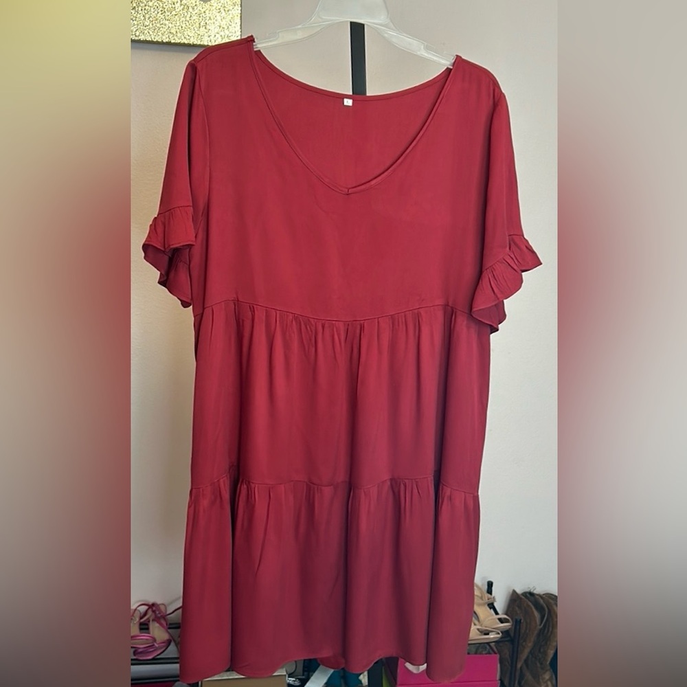 Short Sleeeve Ruffled Dress Red Brick Color